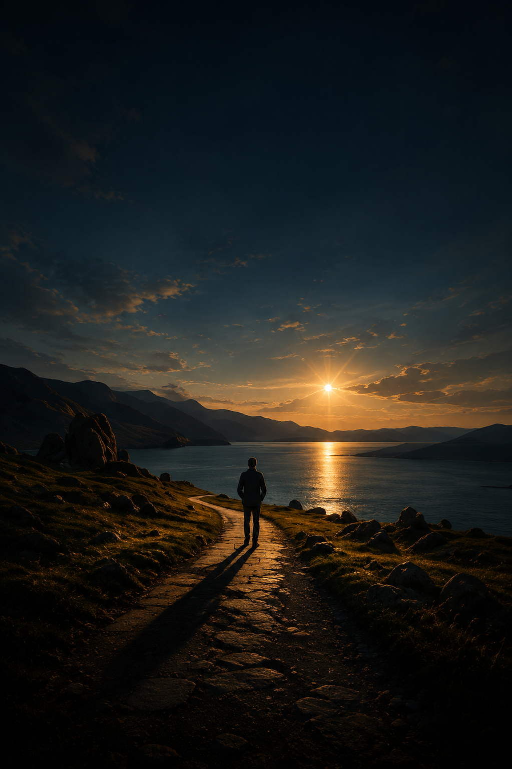 Ein Mensch auf einem Weg am Wasser, vor ihm die Sonne am Horizont